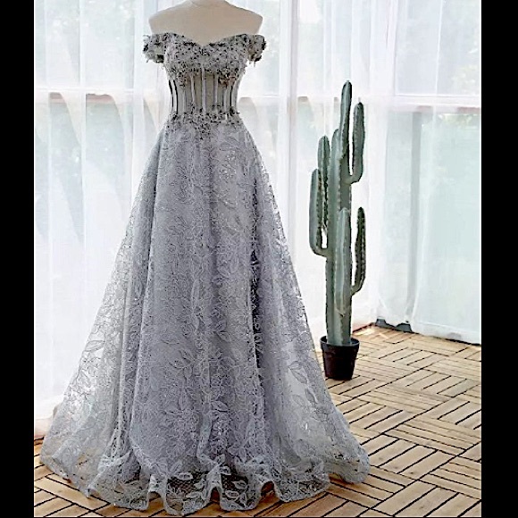 Grey sequin lace flower A-line Bridal dress